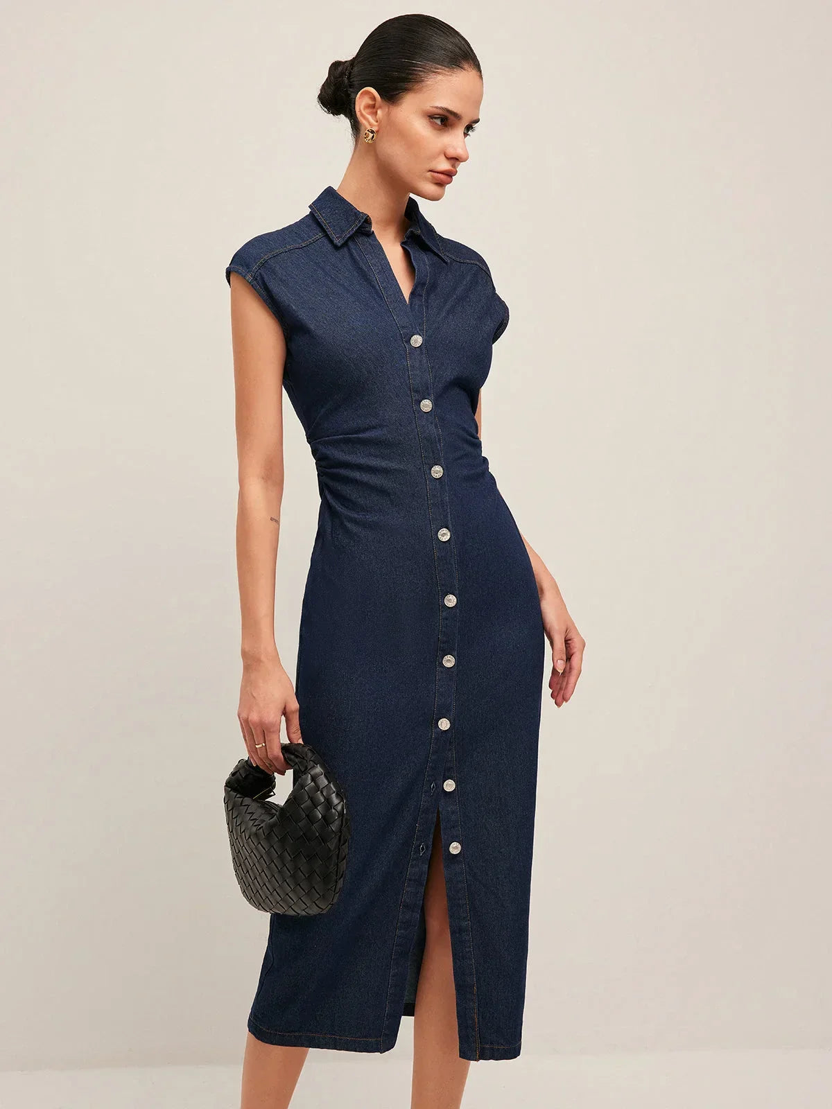 Robe Midi Jean Femme Bleu Foncé Boutonnée Col V Sans Manches Bureau | ROBEMODE