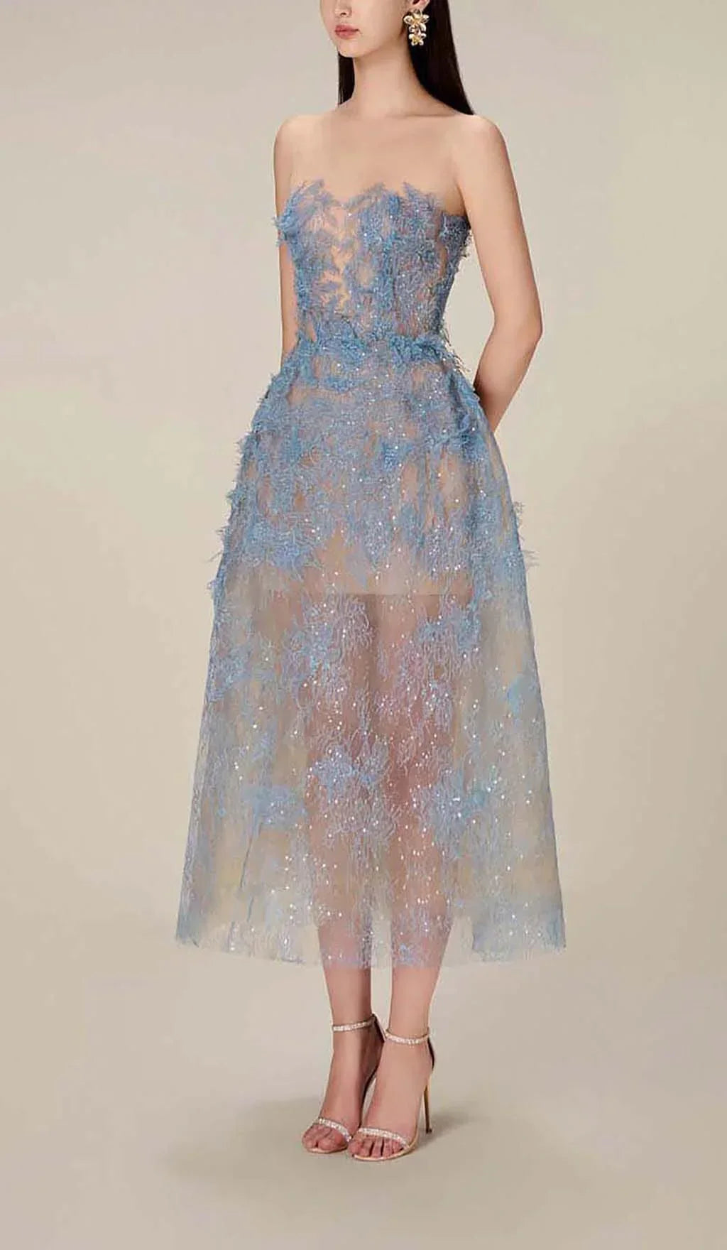 Robe midi bleue broderie fleurie femme | ROBEMODE