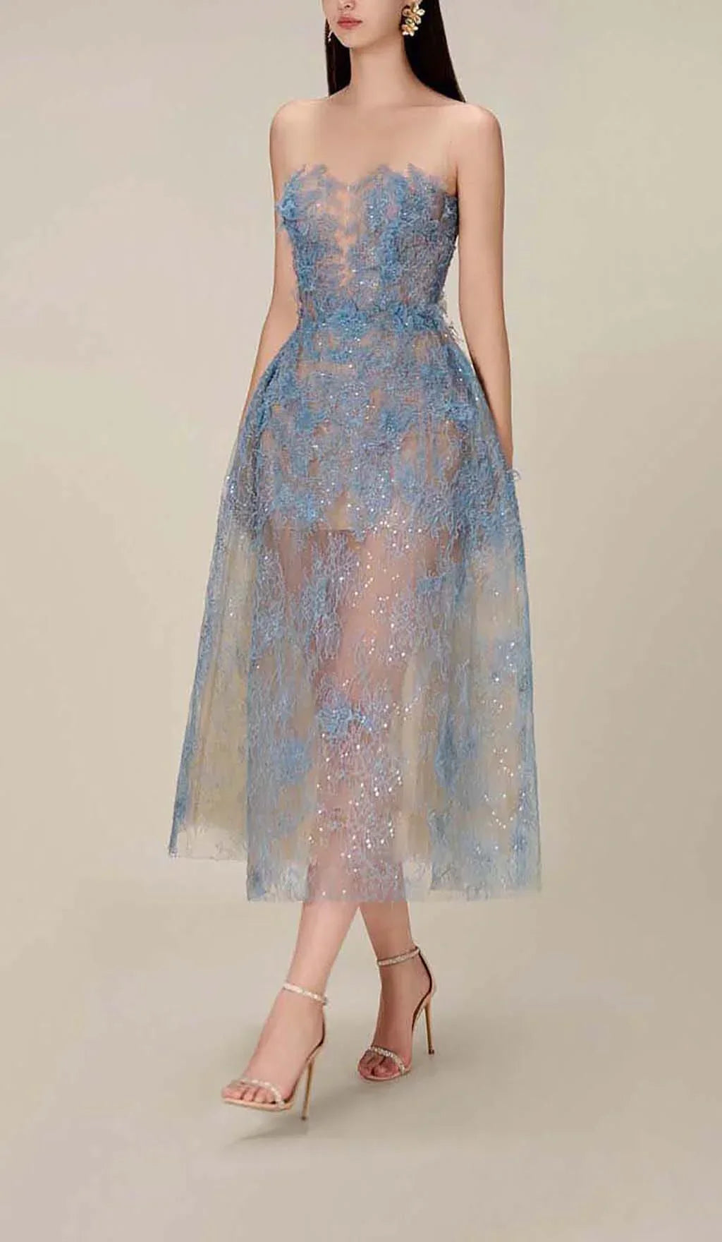 Robe midi bleue broderie fleurie femme | ROBEMODE