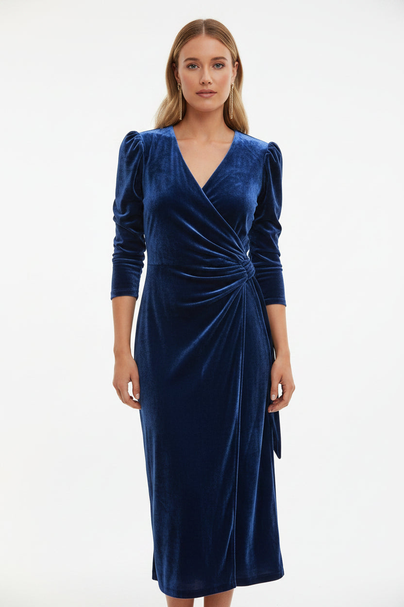 Robe midi cache-cœur manches bouffantes détails noués | ROBEMODE