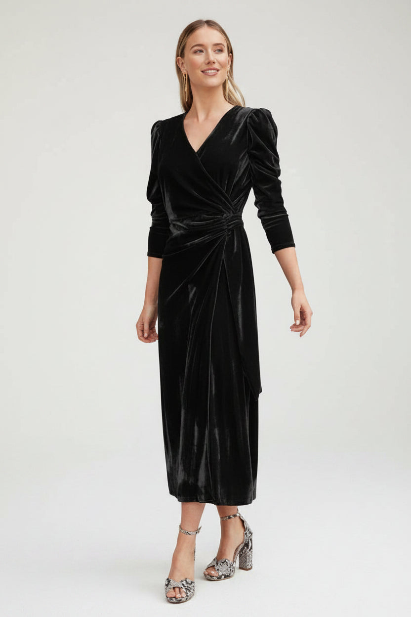 Robe midi cache-cœur manches bouffantes détails noués | ROBEMODE