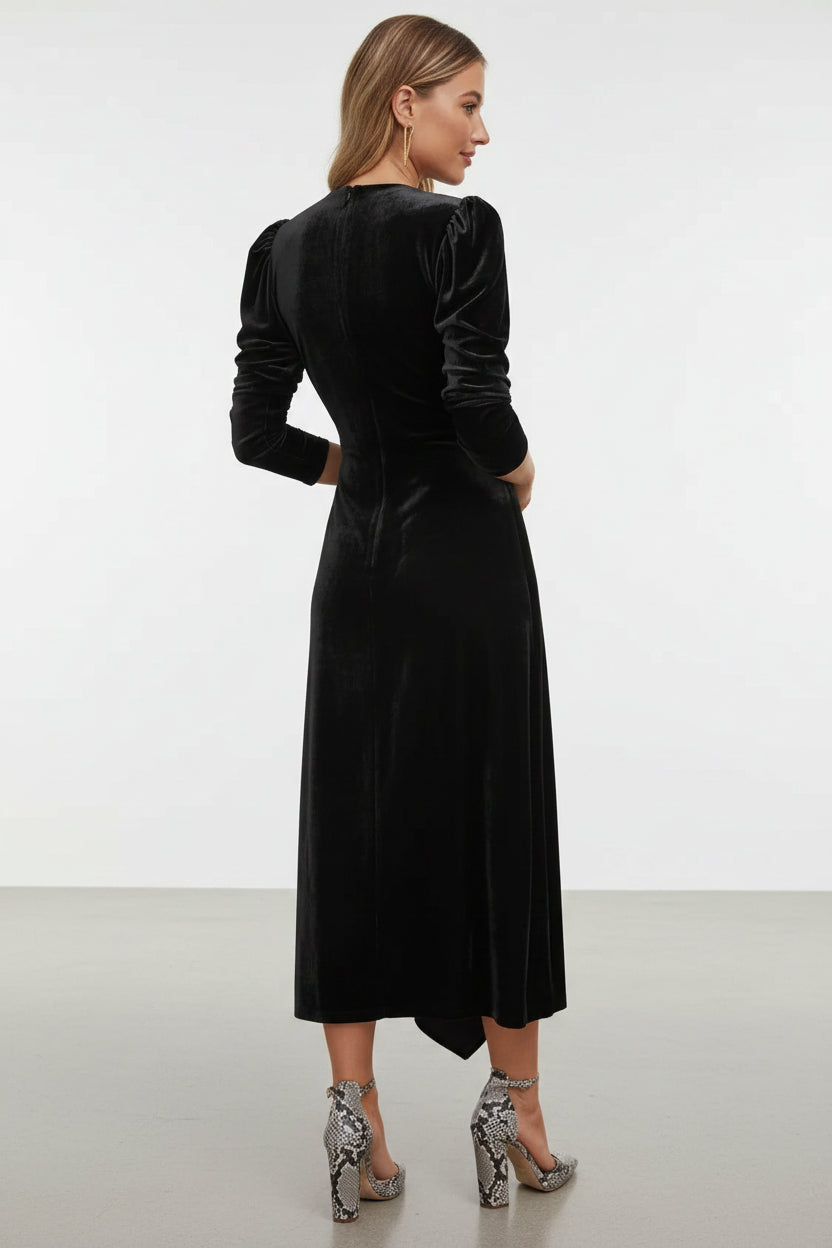 Robe midi cache-cœur manches bouffantes détails noués | ROBEMODE