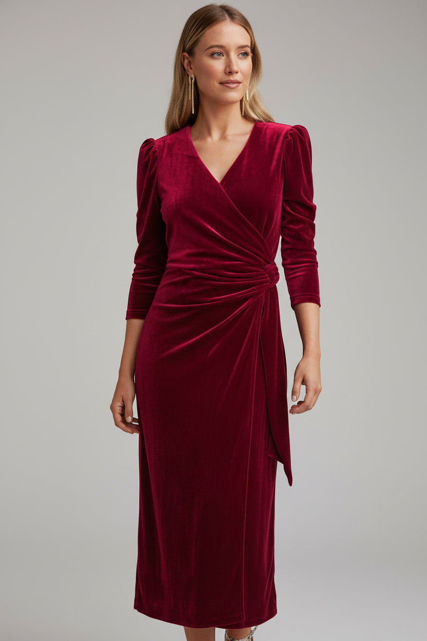 Robe midi cache-cœur manches bouffantes détails noués | ROBEMODE