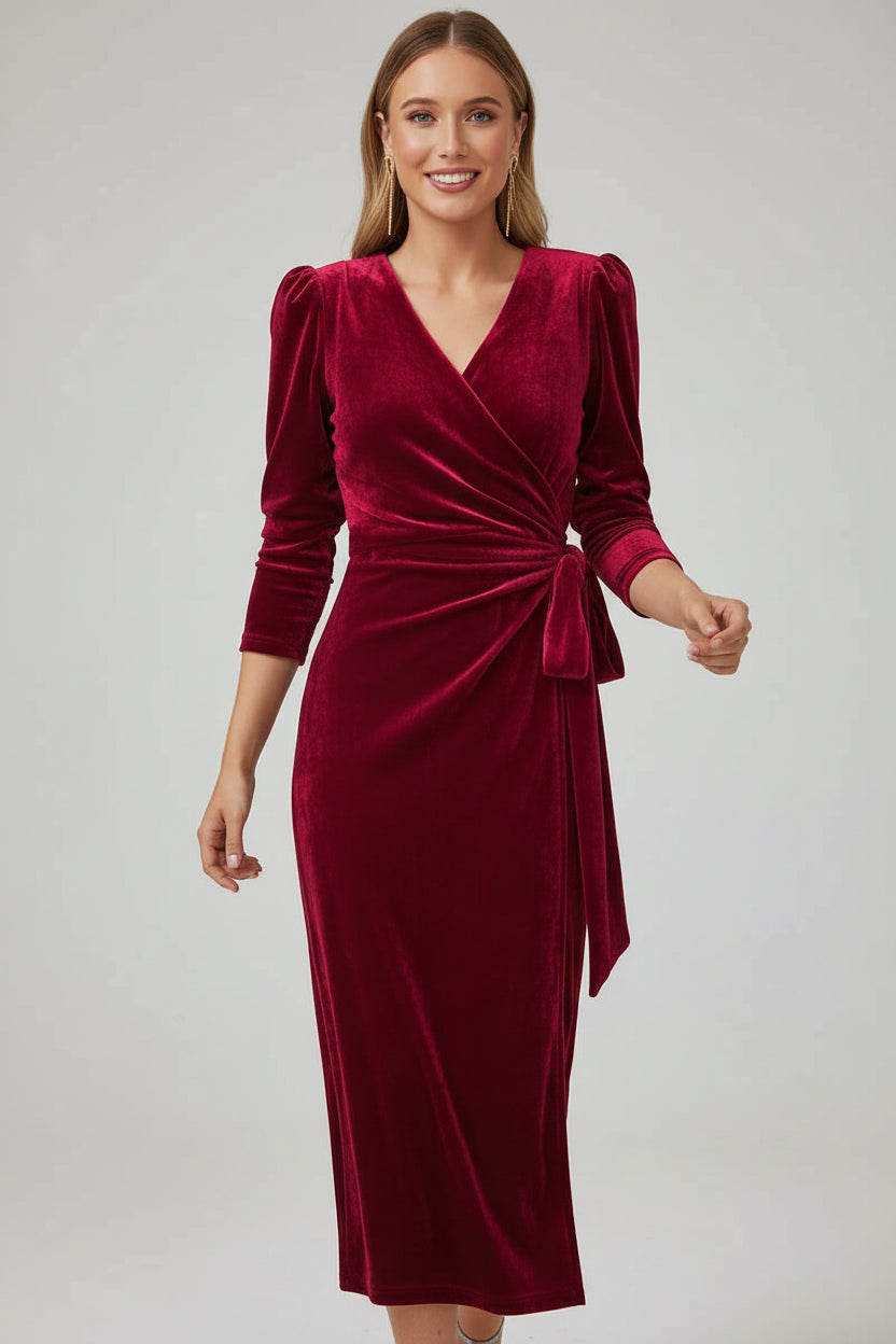 Robe midi cache-cœur manches bouffantes détails noués | ROBEMODE
