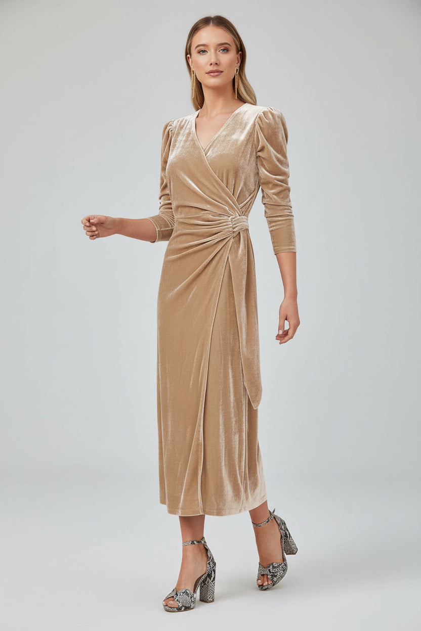 Robe midi cache-cœur manches bouffantes détails noués | ROBEMODE
