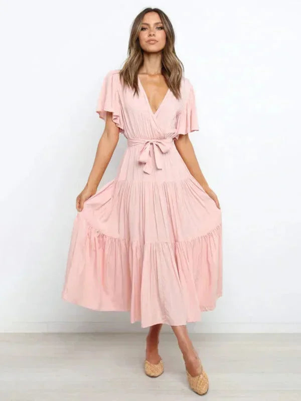 Robe Midi Ceinturée Col V Femme à Volants | 5 Coloris + Manches Courtes + S-XXL | ROBEMODE