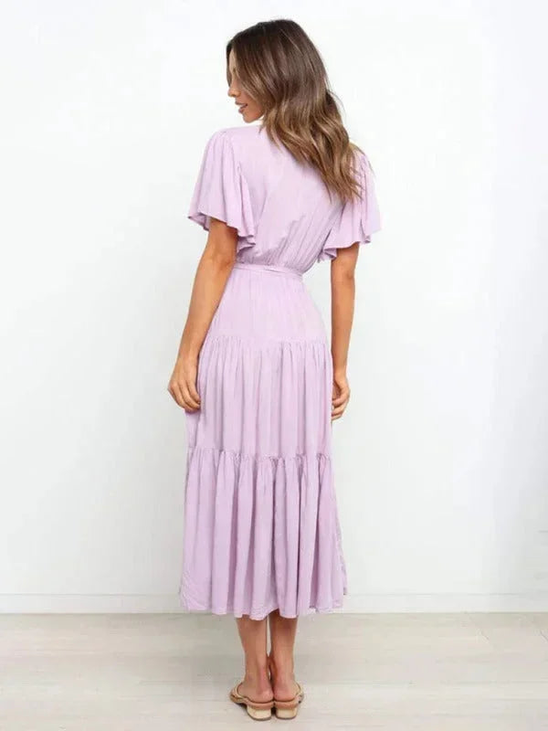Robe Midi Ceinturée Col V Femme à Volants | 5 Coloris + Manches Courtes + S-XXL | ROBEMODE