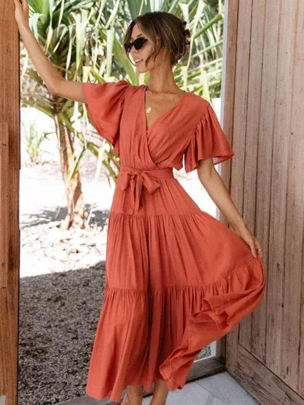 Robe Midi Ceinturée Col V Femme à Volants | 5 Coloris + Manches Courtes + S-XXL | ROBEMODE