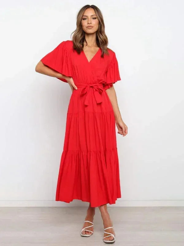 Robe Midi Ceinturée Col V Femme à Volants | 5 Coloris + Manches Courtes + S-XXL | ROBEMODE