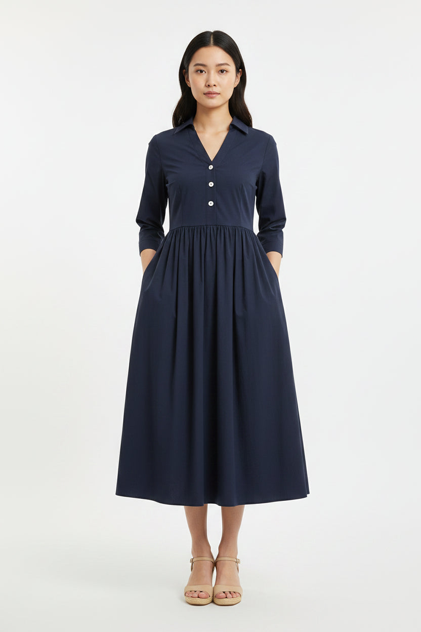 Robe Midi Col V Poches Manches 3/4 Grande Taille 3 Coloris | ROBEMODE