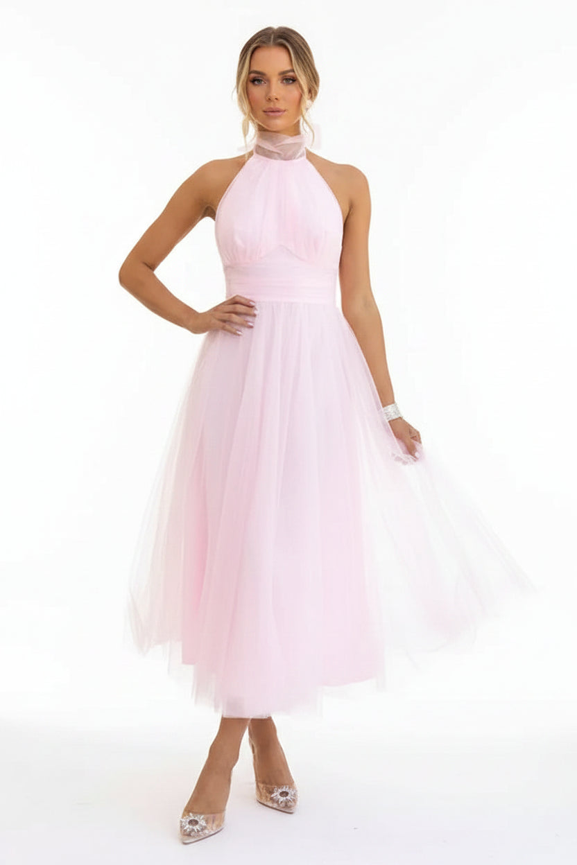 Robe midi femme col haut plissée en tulle avec ceinture | ROBEMODE