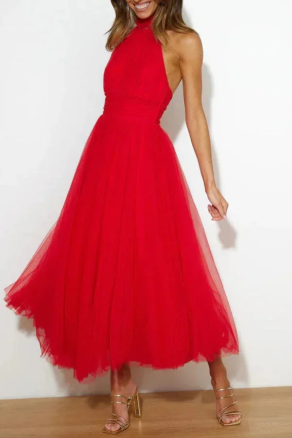 Robe midi femme col haut plissée en tulle avec ceinture | ROBEMODE