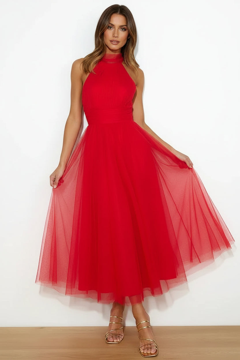 Robe midi femme col haut plissée en tulle avec ceinture | ROBEMODE
