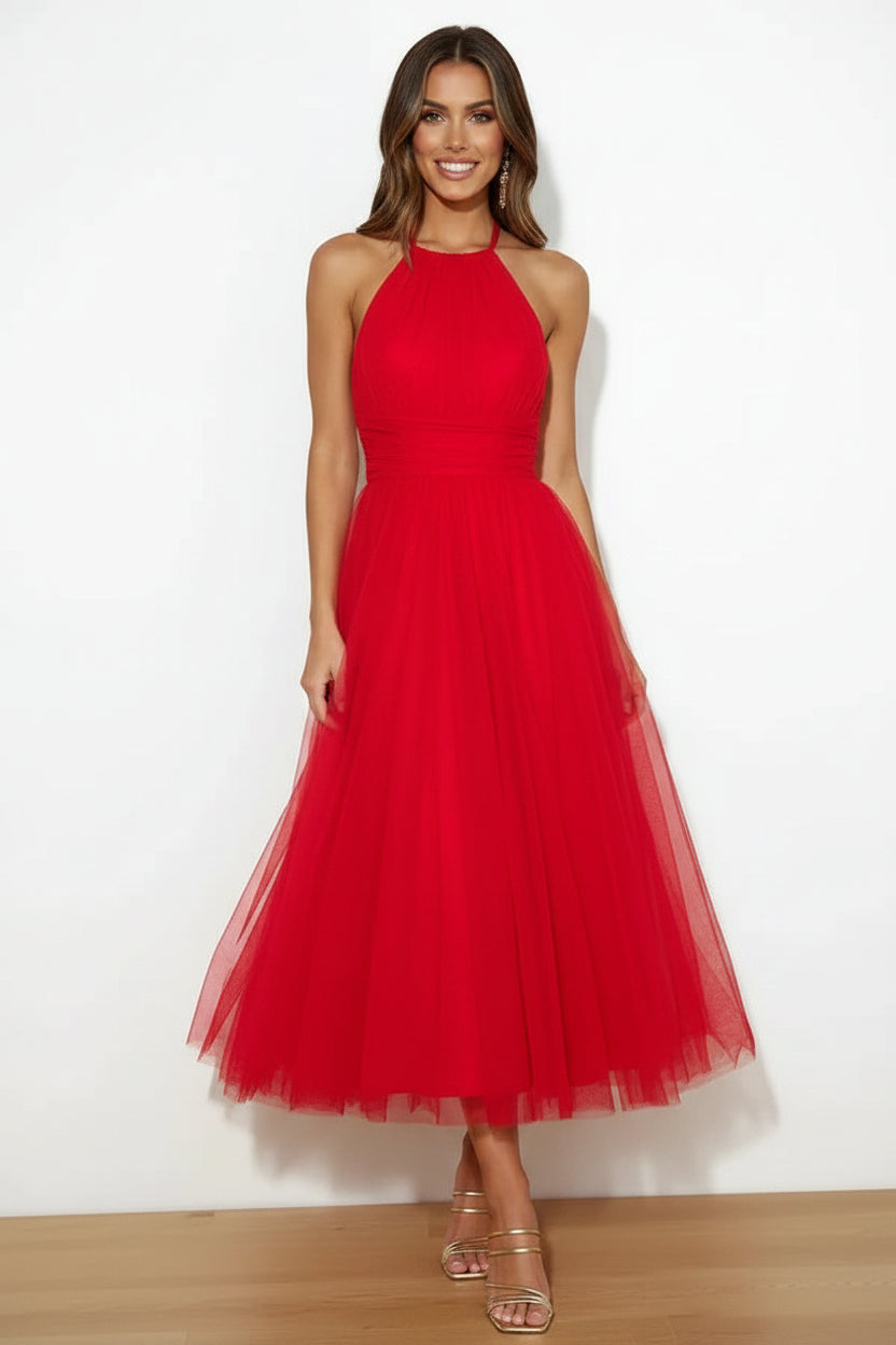 Robe midi femme col haut plissée en tulle avec ceinture | ROBEMODE