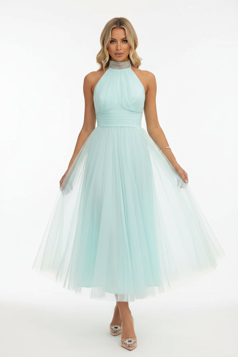 Robe midi femme col haut plissée en tulle avec ceinture | ROBEMODE