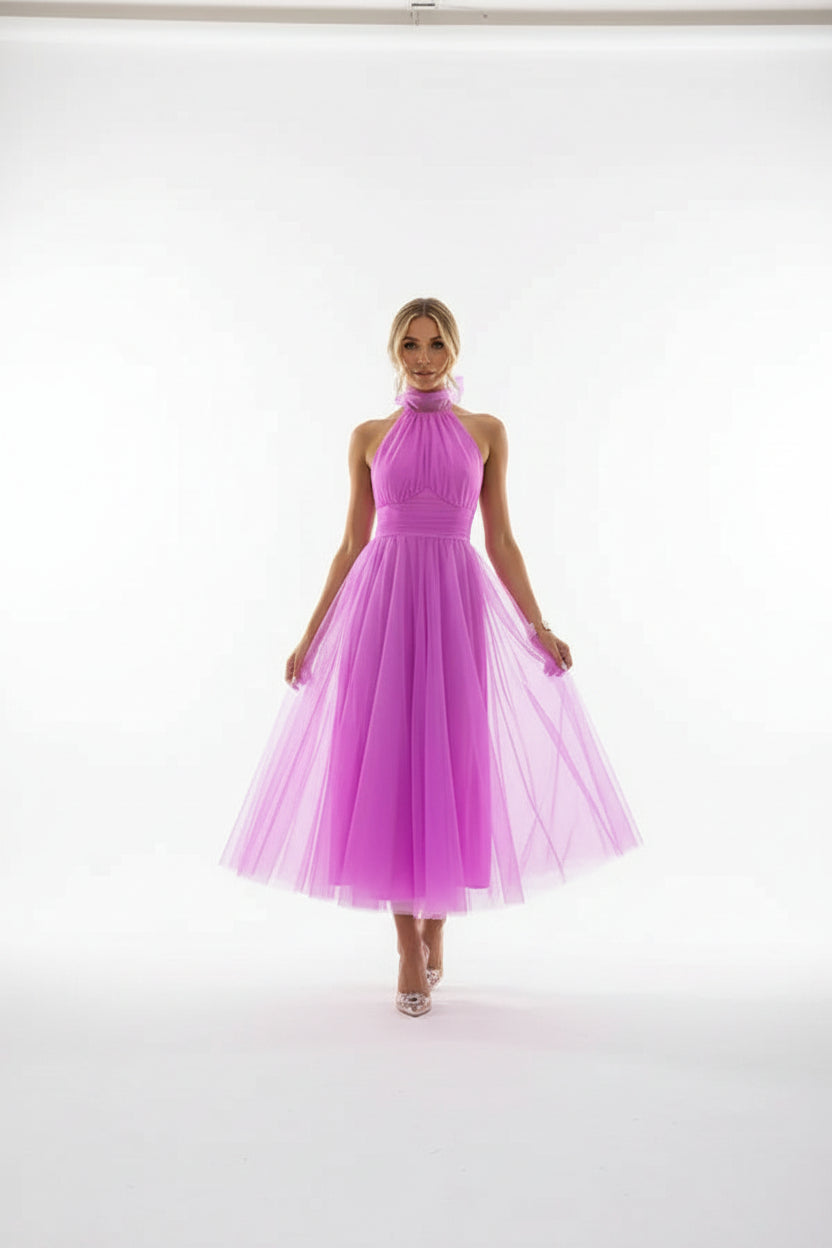Robe midi femme col haut plissée en tulle avec ceinture | ROBEMODE