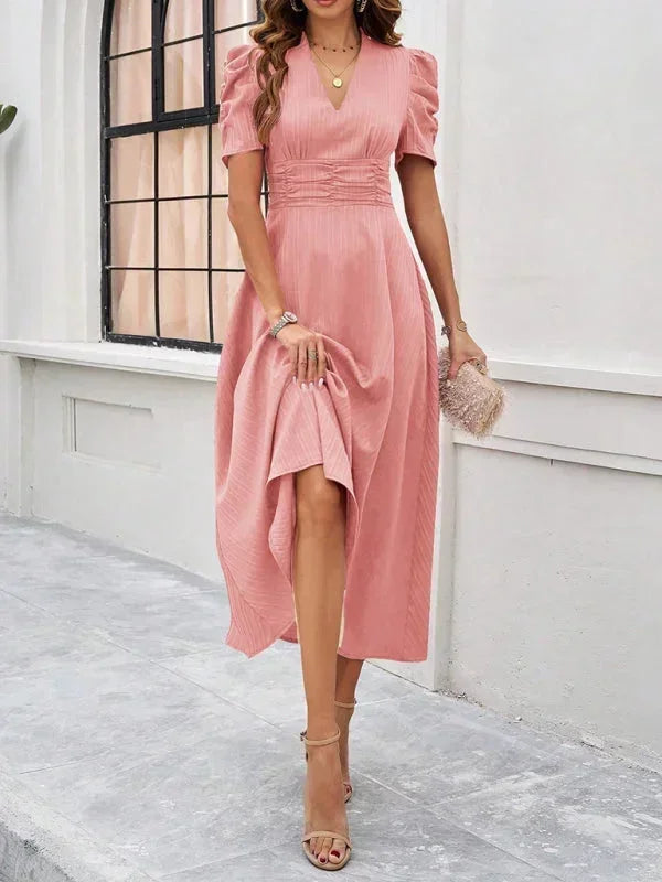 Robe Midi Femme Col V Manches Bouffantes | 9 Coloris Fluide Printemps-Été | ROBEMODE