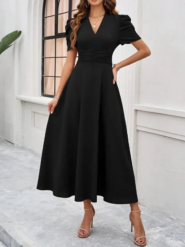 Robe Midi Femme Col V Manches Bouffantes | 9 Coloris Fluide Printemps-Été | ROBEMODE