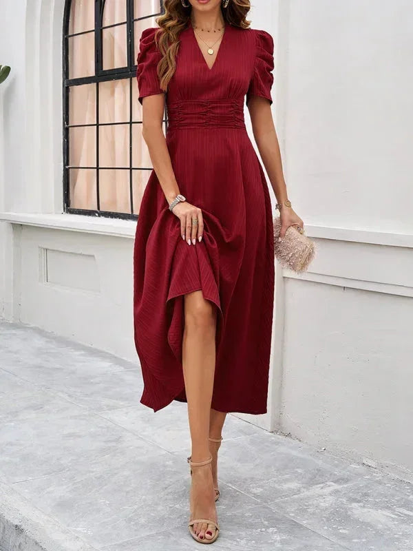 Robe Midi Femme Col V Manches Bouffantes | 9 Coloris Fluide Printemps-Été | ROBEMODE