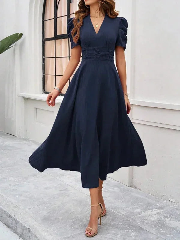 Robe Midi Femme Col V Manches Bouffantes | 9 Coloris Fluide Printemps-Été | ROBEMODE