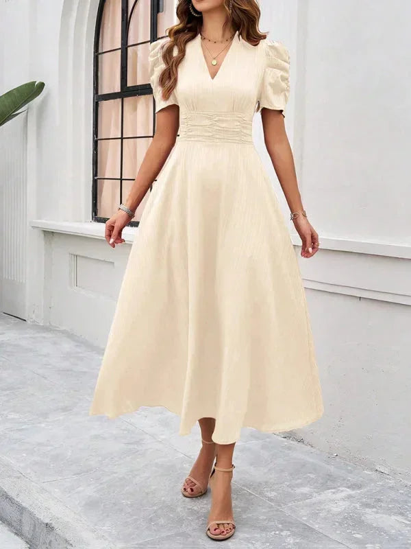 Robe Midi Femme Col V Manches Bouffantes | 9 Coloris Fluide Printemps-Été | ROBEMODE