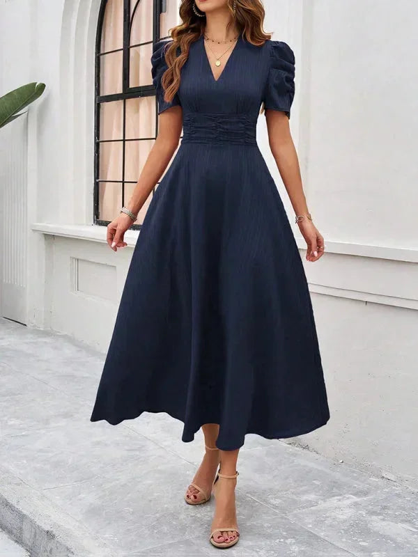 Robe Midi Femme Col V Manches Bouffantes | 9 Coloris Fluide Printemps-Été | ROBEMODE