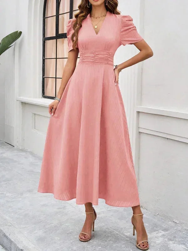 Robe Midi Femme Col V Manches Bouffantes | 9 Coloris Fluide Printemps-Été | ROBEMODE