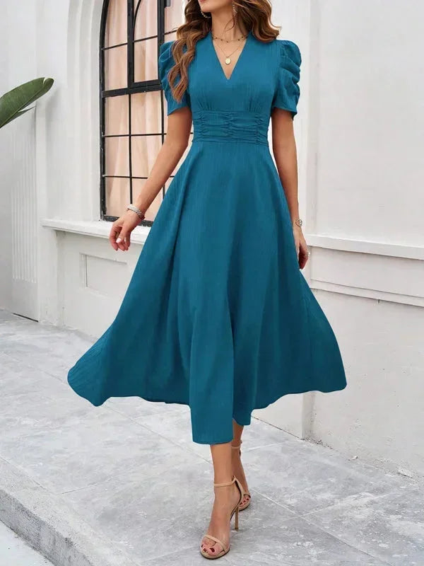 Robe Midi Femme Col V Manches Bouffantes | 9 Coloris Fluide Printemps-Été | ROBEMODE
