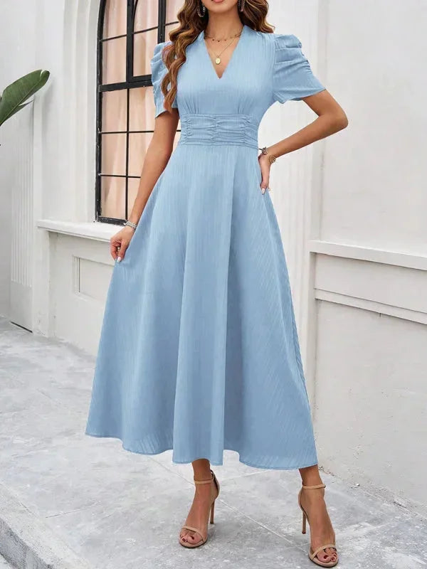 Robe Midi Femme Col V Manches Bouffantes | 9 Coloris Fluide Printemps-Été | ROBEMODE