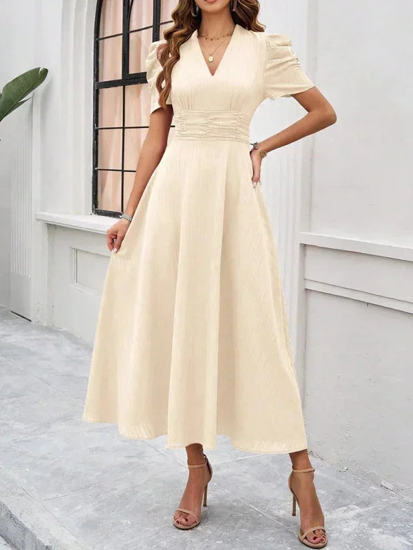 Robe Midi Femme Col V Manches Bouffantes | 9 Coloris Fluide Printemps-Été | ROBEMODE