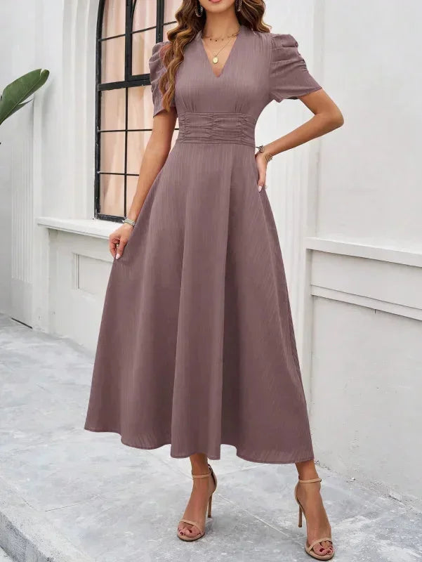 Robe Midi Femme Col V Manches Bouffantes | 9 Coloris Fluide Printemps-Été | ROBEMODE