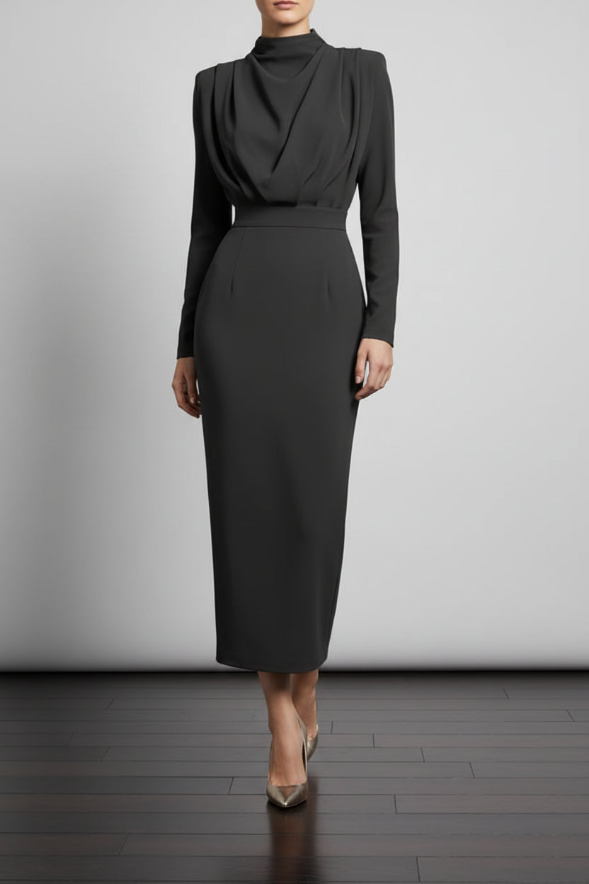Robe midi femme drapée avec col montant et manches longues | ROBEMODE