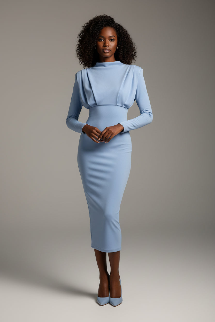 Robe midi femme drapée avec col montant et manches longues | ROBEMODE