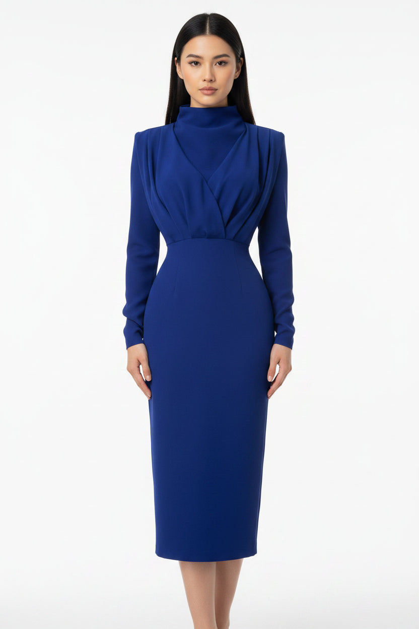 Robe midi femme drapée avec col montant et manches longues | ROBEMODE