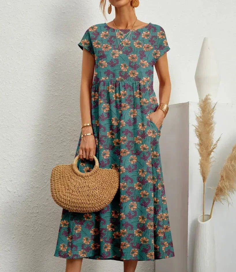 Robe Midi Femme Coton Imprimé Floral avec Poches | ROBEMODE