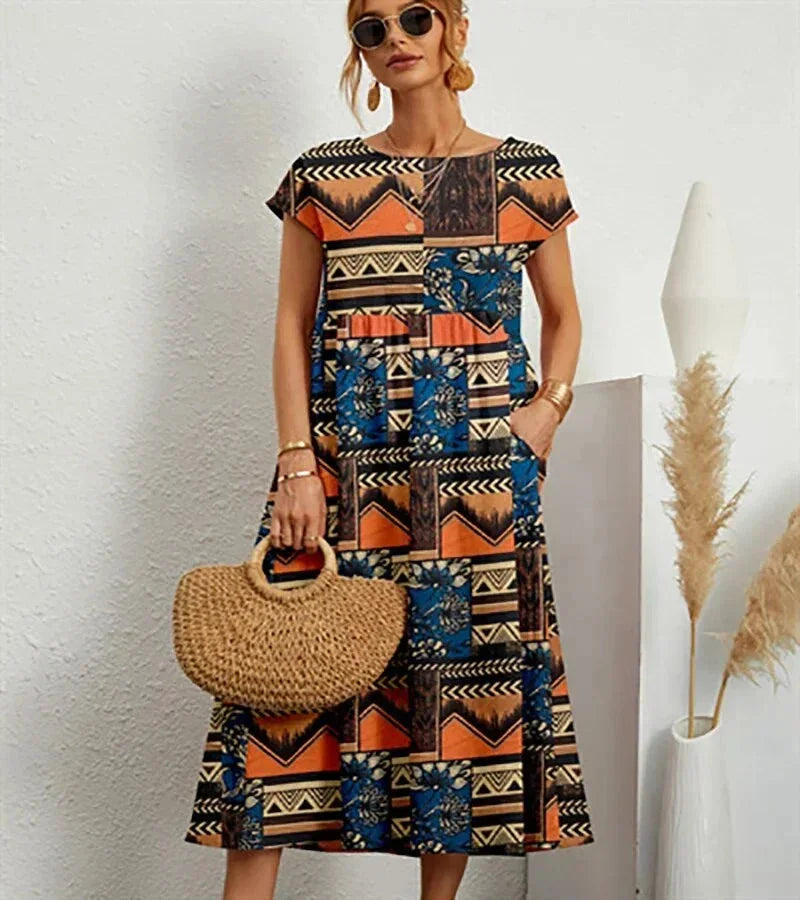 Robe Midi Femme Coton Imprimé Floral avec Poches | ROBEMODE
