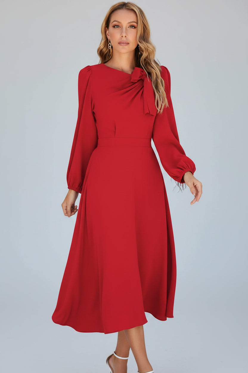 Robe midi femme à manches longues avec nœud décoratif | Coupe féminine + Style élégant + Facile à accessoiriser – ROBEMODE