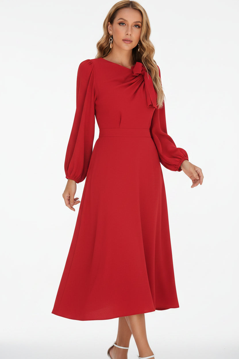 Robe midi femme à manches longues avec nœud décoratif | Coupe féminine + Style élégant + Facile à accessoiriser – ROBEMODE
