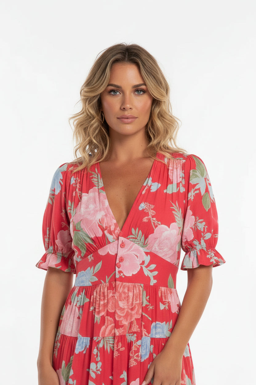 Robe Midi Femme Motifs Floraux Col V | Manches Courtes + 3 Coloris + Légère | ROBEMODE