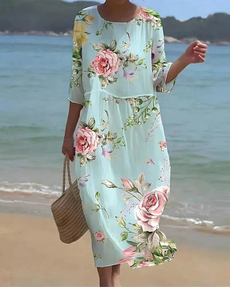 Robe midi femme motifs variés manches mi-longues plage | Coupe féminine + Style élégant + Facile à accessoiriser – ROBEMODE