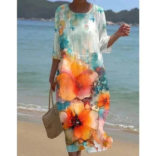 Robe midi femme motifs variés manches mi-longues plage | Coupe féminine + Style élégant + Facile à accessoiriser – ROBEMODE