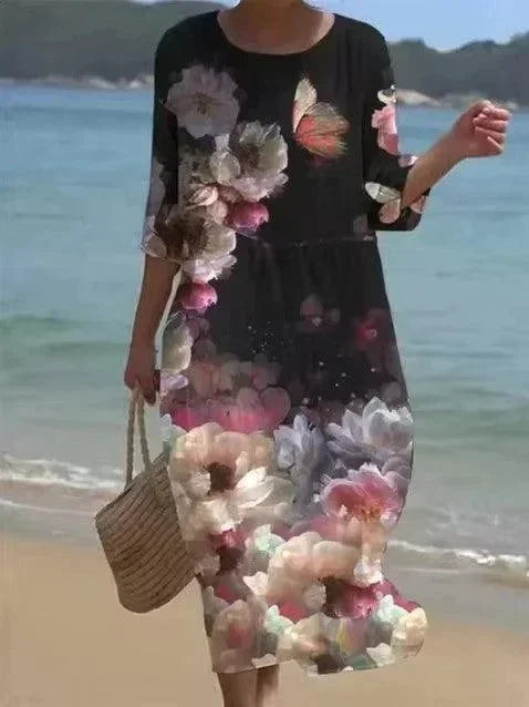 Robe midi femme motifs variés manches mi-longues plage | Coupe féminine + Style élégant + Facile à accessoiriser – ROBEMODE