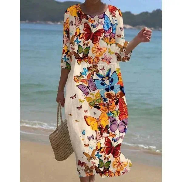 Robe midi femme motifs variés manches mi-longues plage | Coupe féminine + Style élégant + Facile à accessoiriser – ROBEMODE