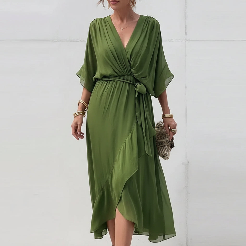 Robe Midi Portefeuille Col V Nouage Taille 6 Coloris | ROBEMODE