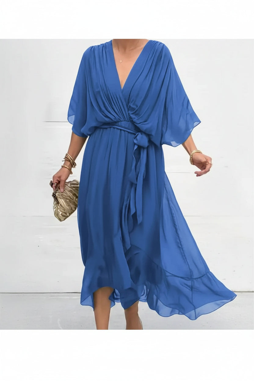Robe Midi Portefeuille Col V Nouage Taille 6 Coloris | ROBEMODE