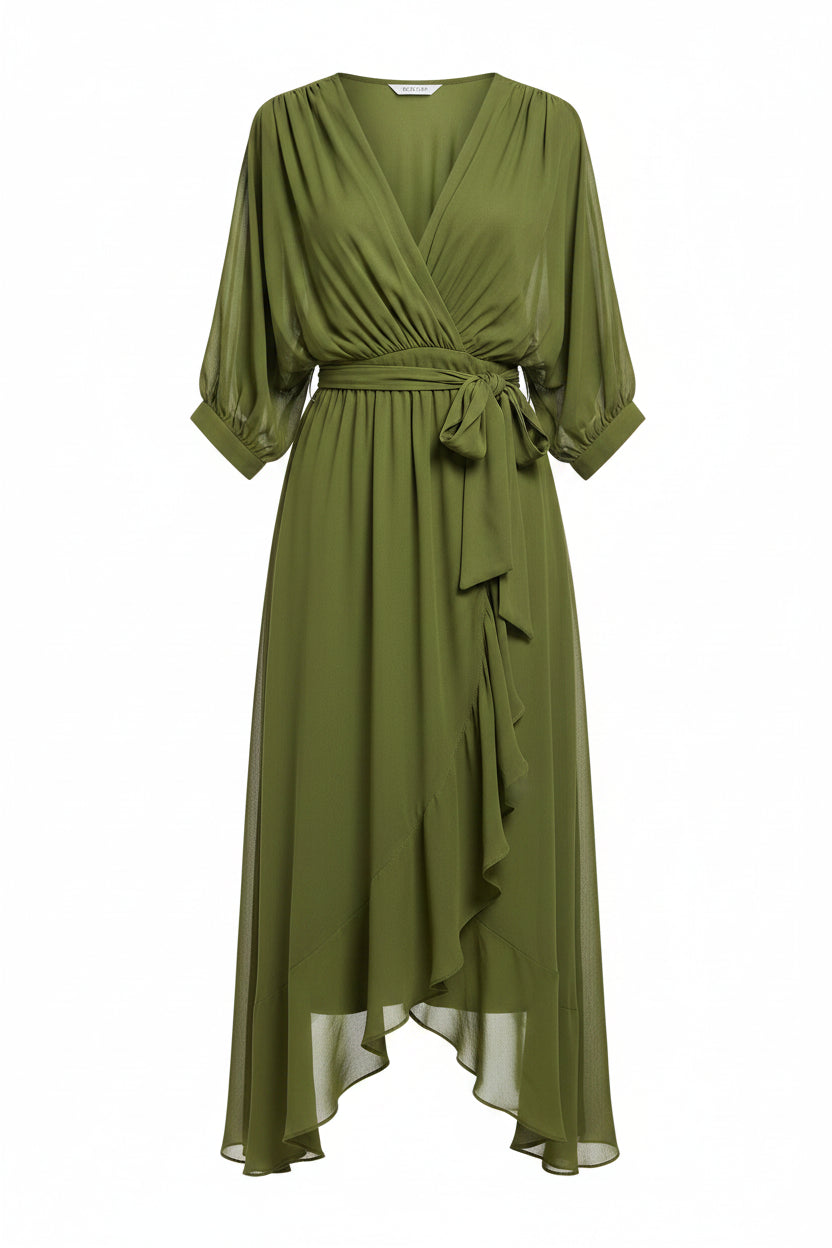 Robe Midi Portefeuille Col V Nouage Taille 6 Coloris | ROBEMODE