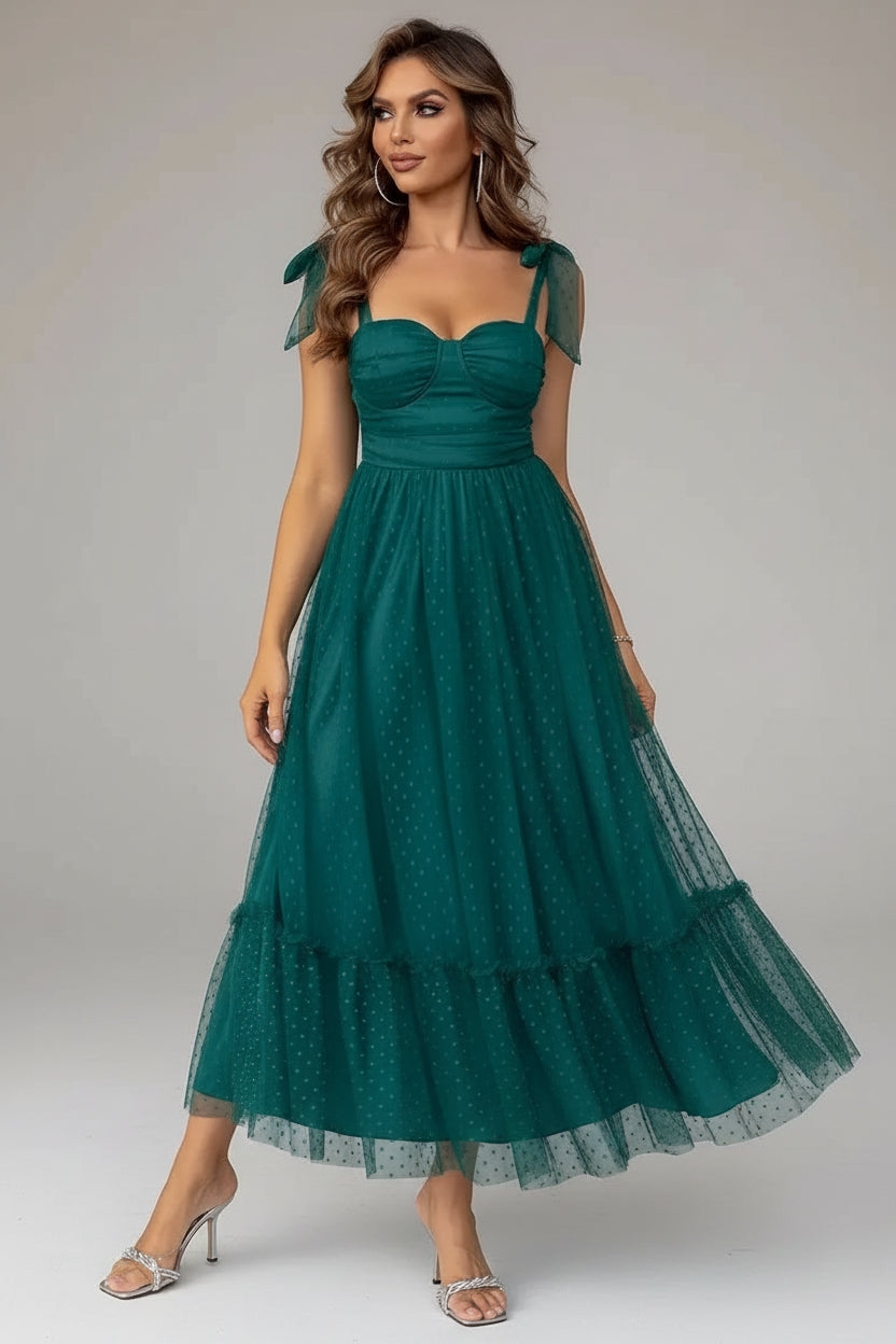 Robe Midi Mesh à Pois Nœuds Épaules 4 Coloris | ROBEMODE