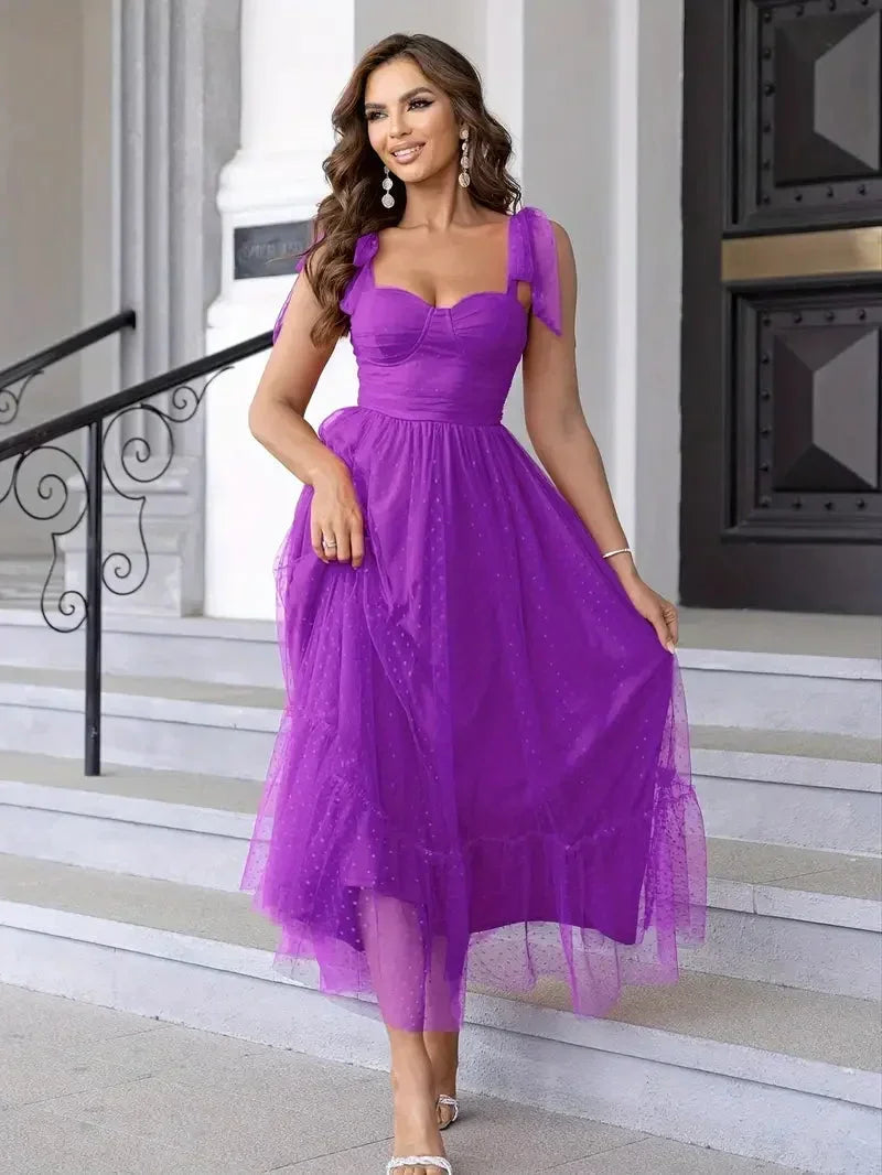 Robe Midi Mesh à Pois Nœuds Épaules 4 Coloris | ROBEMODE