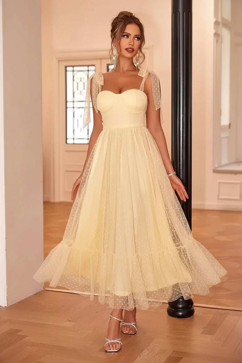 Robe Midi Mesh à Pois Nœuds Épaules 4 Coloris | ROBEMODE