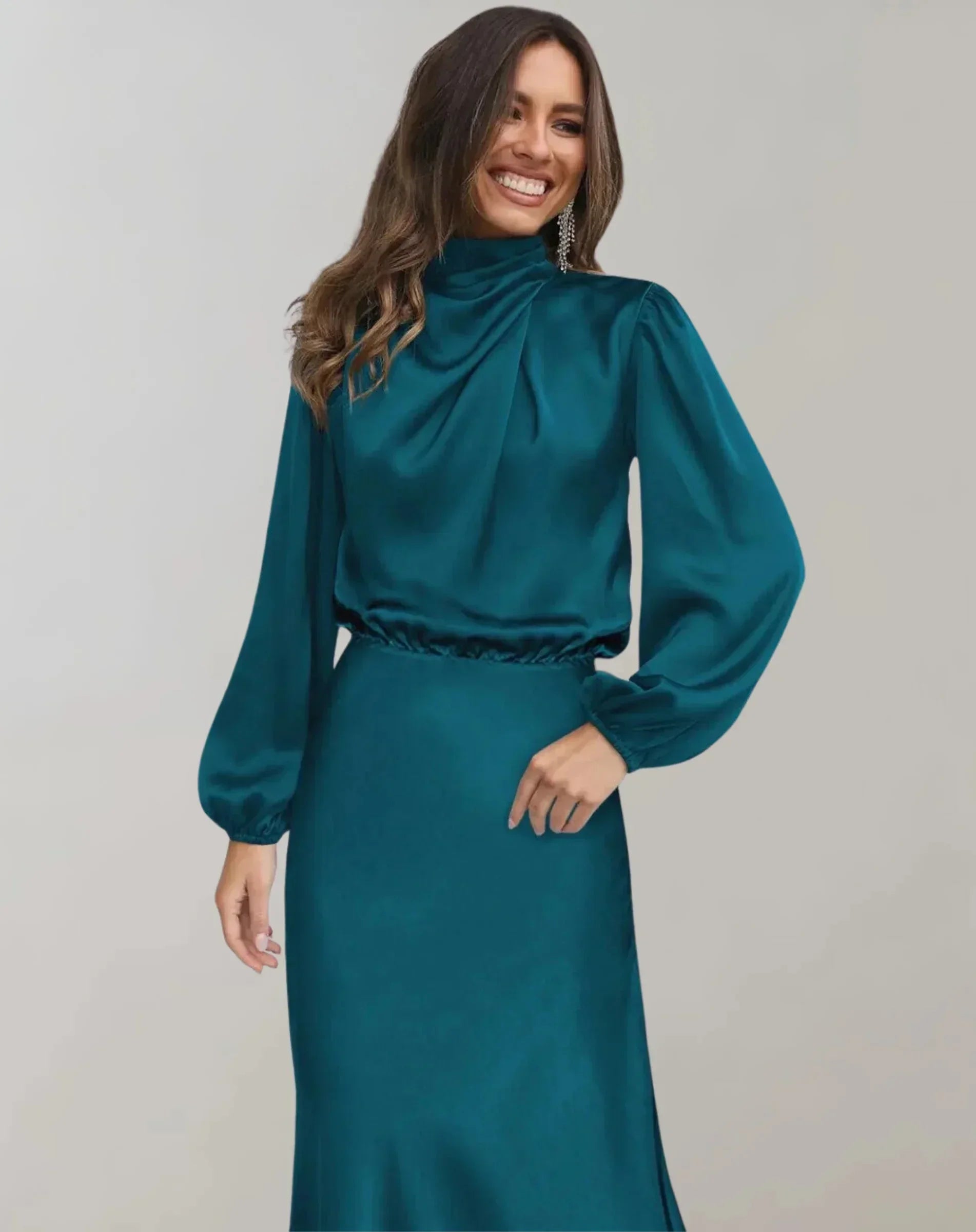 Robe midi femme satinée col drapé manches longues | ROBEMODE